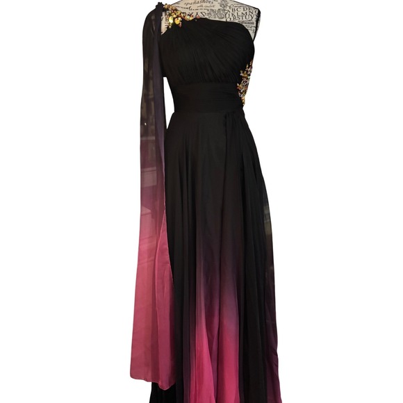 Nina Canacci Black Fuschia Ombre One Shoulder Gown Beaded Embellished Size 2 - Picture 4 of 11